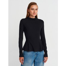 32038 Uzun Kollu Peplum Top-Siyah