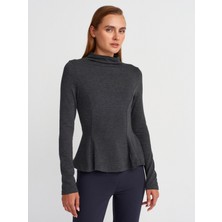 32038 Uzun Kollu Peplum Top-Antrasit M