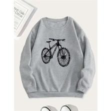 Erkek  Bicycle (Bisiklet) Baskılı Sweatshirt Oversize Salaş  Gri Siyah Sweatshirt