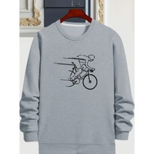 Erkek  Bicycle (Bisiklet) Baskılı Sweatshirt Oversize Salaş  Gri Siyah Sweatshirt