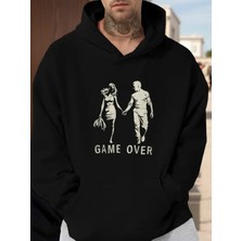 Erkek Game Over Oyun Bitti Baskılı Kapşonlu Oversize Salaş Kırmızı Siyah Sweatshirt