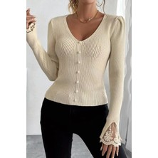 Kol Güpür Detaylı V Yaka Triko Bluz P-00018358