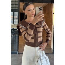 Yaka Detaylı Çizgili Triko Hırka P-00018210