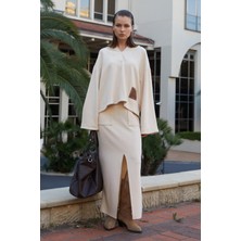 Kadın Tereyağ V Yaka Kapşonlu Yırtmaçlı Etek Selanik Takım