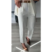 Beyaz Kemerli Duble Crep Pantolon