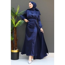 Tüylü Saten Tesettür Elbise Lacivert