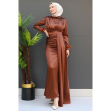 Tüylü Saten Tesettür Elbise Kahve