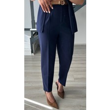 Lacivert Kemerli Duble Crep Pantolon