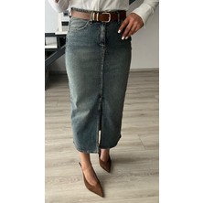 Kahve Tintli Kemerli Yırtmaçlı Denim Etek