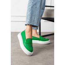 Shoetek   Aylisa Kadın Makosen Ayakkabı Püsküllü Yeşil Deri