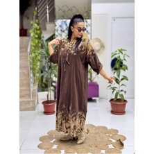 P35027 Italyan Leopar Desen Kadife Elbise Kahve