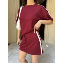 Osy Modal Yumuşak Dokulu Kumaş Parçalı Bisiklet Yaka T-Shirt Mini Şortlu Etek Ikili Takım -Bordo