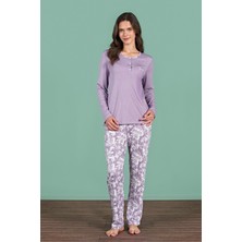 Kadın Mor Renk Uzun Kollu Düğmeli Pijama Takımı C9T6N91