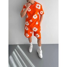 Iki Iplik Kumaş Baskılı T-Shirt Şortlu Takım- Turuncu