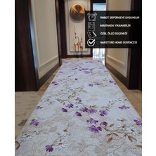 Elit Lila Kahve Çiçekli Kabartmalı Kaymaz Taban Yıkanabilir Kesme Yolluk Halı
