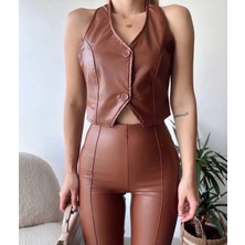 Iki Düğmeli Deri Yelek Kahve S243001