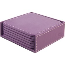 Bardak Altlığı,6’lı Set,masaüstü Kare Cup Coaster,vegan Suni DERI,11X11 Cm.,lila