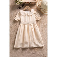 Krem Dantel Işlemeli Kuşaklı Kız Çocuk Müslin Elbise  22659