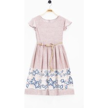 Pembe Çiçek Desenli Hasır Kuşaklı Kısa Kol Kız Çocuk Elbise 22676