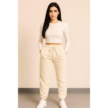 Kadın 3 Iplik Cepli Alt Eşofman Krem