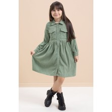 Yeşil Kız Çocuk Cep Detaylı Kadife Desenli Elbise 21547