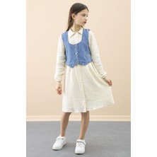 Krem Jean Yelekli Uzun Kol Kız Çocuk 2li Müslin Elbise 20668