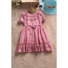 Pembe Fırfır Detaylı Kısa Kol Kız Çocuk Pileli Elbise  22651