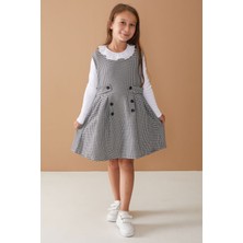 Siyah Uzun Kollu Badili Düğme Detaylı Kazayağı Kız Çocuk Elbise 18593