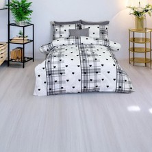Siyah Kalp Desenli Gri Kareli Nevresim Takımı – Çift Kişilik, %100 Pamuk, Yumuşak Dokulu
