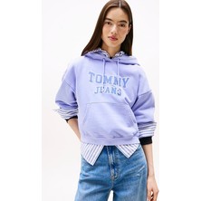Kadın Boxy Fit Cropped Kapüşonlu Sweatshirt - Lila