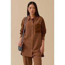 Kadın Süet Cep Detaylı Düğmeli Gömlek - Kahverengi