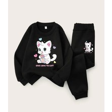 Kıds Face Özel Tasarım Üç Kalp Kedicik Baskılı %100 Pamuk Kışlık Kız Çocuk Eşofman Takımı