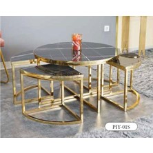 Mim Siyah Mermer - Gold Yuvarlak 4+1 Pizza Orta Sehpa