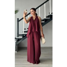 Oslove Bordo Kendinden Dokulu Bağlamalı Bluz-Pantolon Takım