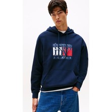 Erkek Logo Baskılı Kapüşonlu Sweatshirt – Lacivert