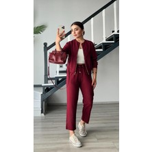 Bordo Fermuarlı Ceket-Pantolon Tensl Kumaş Takım