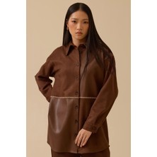 Kadın Suni Deri Detaylı Süet Gömlek - Kahverengi