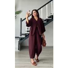 Bordo Tek Düğme Bluz- Pantolon Takım