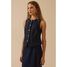 Kadın Düğme Detaylı Klasik Yelek - Lacivert