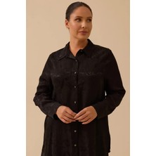 Kadın Büyük Beden Çiçek Desenli Jakar Gömlek - Siyah