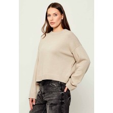 Kadın Bisiklet Yaka Regular Fit Kısa Kazak - Bej