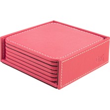 Bardak Altlığı,6’lı Set,masaüstü Kare Cup Coaster,vegan Suni DERI,11X11 Cm.,fuşya