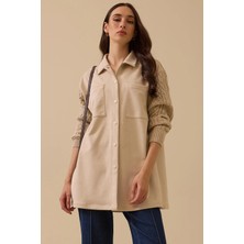 Kadın Triko Kollu Çift Cepli Gömlek - Bej