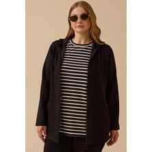 Kadın Büyük Beden Çizgili Iç Bluzlu Fermuarlı Takım - Siyah