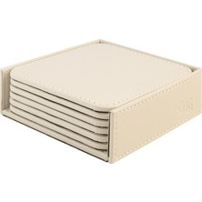 Bardak Altlığı,6’lı Set,masaüstü Kare Cup Coaster,vegan Suni DERI,11X11 Cm.,bej