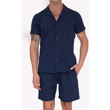 Lacivert Keten Rahat Kesim Kısa Kollu Salaş Apaş Yaka Yazlık Gömlek Şort Takım