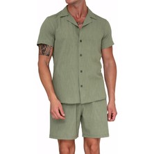 Haki Keten Rahat Kesim Kısa Kollu Salaş Apaş Yaka Yazlık Gömlek Şort Takım