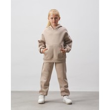 Kız Çocuk Pamuklu Bej Kapüşonlu Sweatshirt Eşofman Alt-Üst Takım - Rahat Günlük Giyim