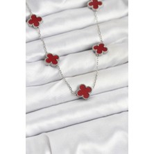 316L Çelik Zincir Gümüş Renk Bordo Renk Yonca Kadın Kolye