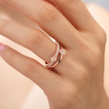 925  Ayar  Rose  Kaplama  Zirkon  Taşlı  Çift  Kalpli  Gümüş  Yüzük